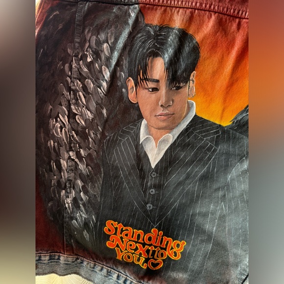 Hand painted New Denim Jacket ZARA size M Custom Jungkook BTS - Picture 4 of 9